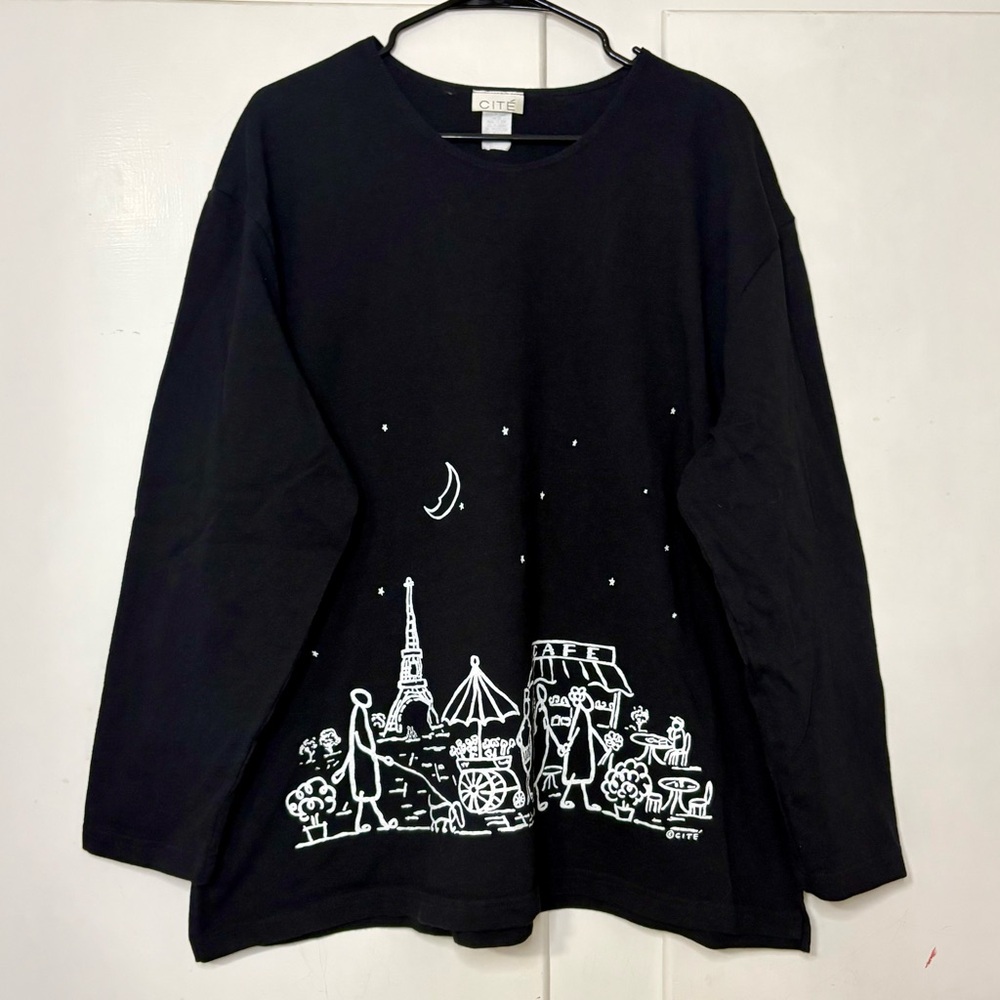 Vintage Cité Cotton Black White Celestial Graphic Long Sleeve Tunic Top